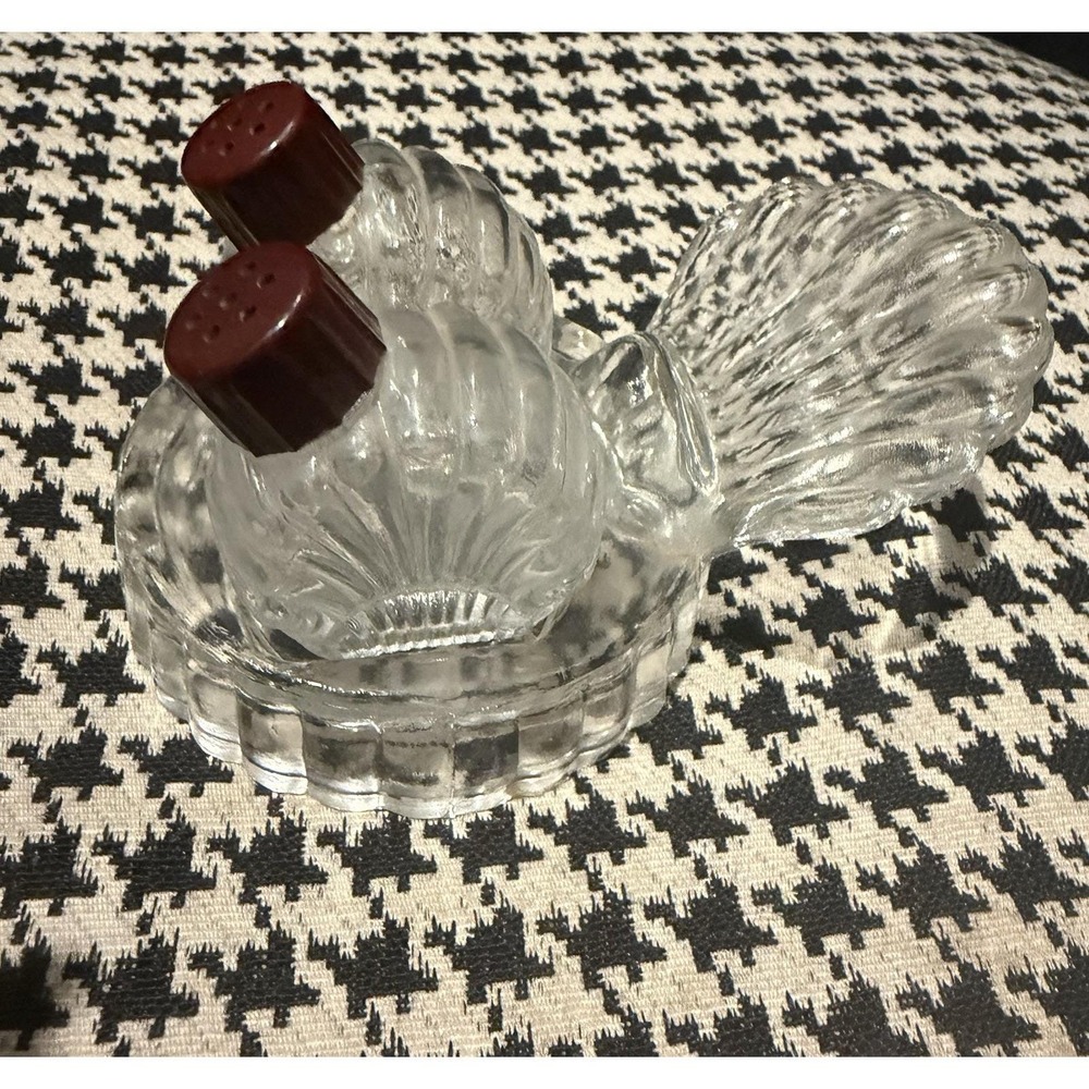 VTG Pressed Glass Salt Pepper Shaker Set Shell Fan Caddy Brown Tops 40s Art Deco